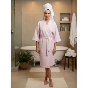 TJ Lawford Pink Waffle Spa Bath Robe Short Kimono Sleeve Lightweight Medium